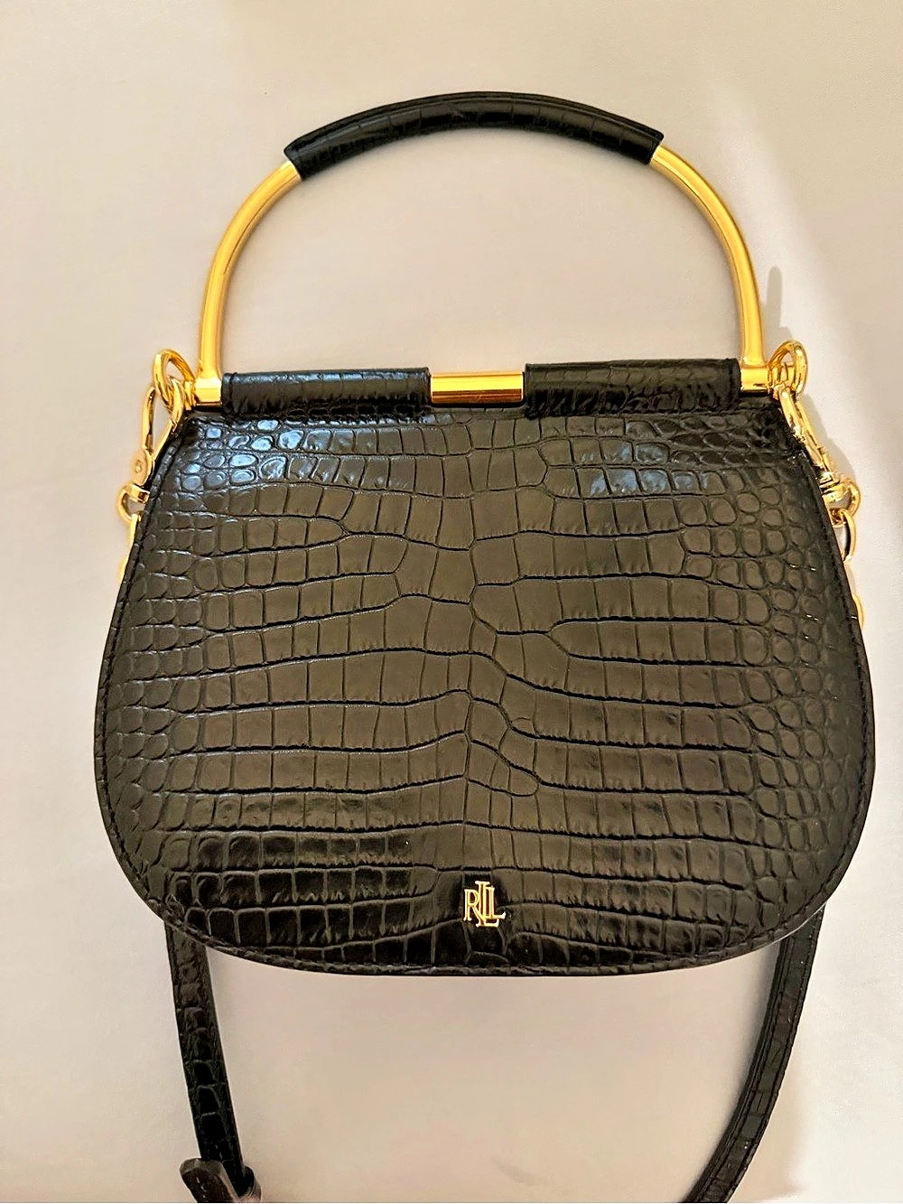 Lauren Ralph Lauren Mason Croc-Embossed Leather Satchel Black Crossbody Bag